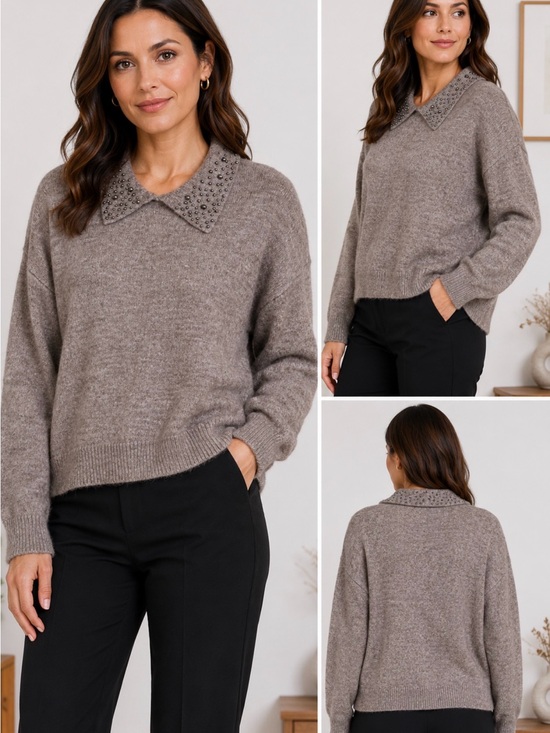 Magaschoni Sweaters - Magaschoni Wool Blend Embellished Collar Sweater Taupe XL NWT